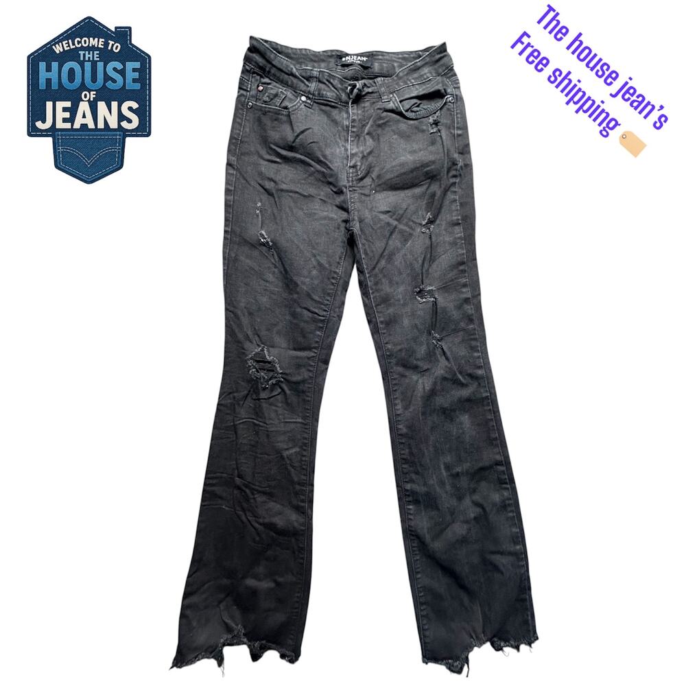 ENJEAN Women's Black Distressed Flare Jeans Size 5/27 – High Rise Raw Hem Denim